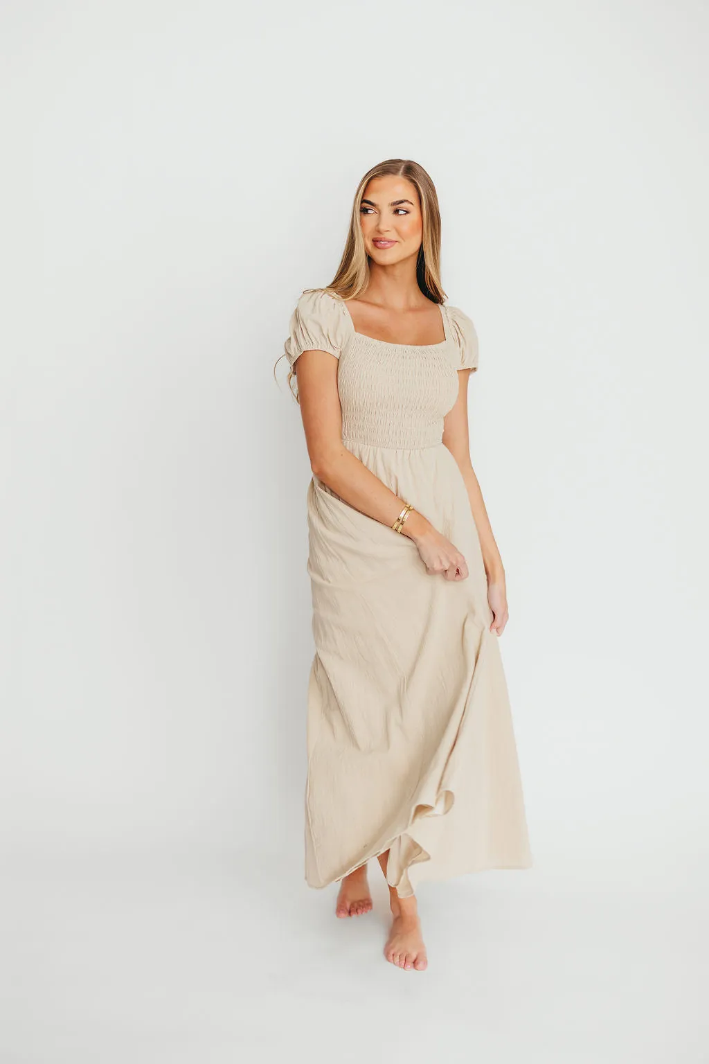 Anastasia 100% Cotton Criss-Cross Back Maxi Dress in Beige sold by Worth Collective