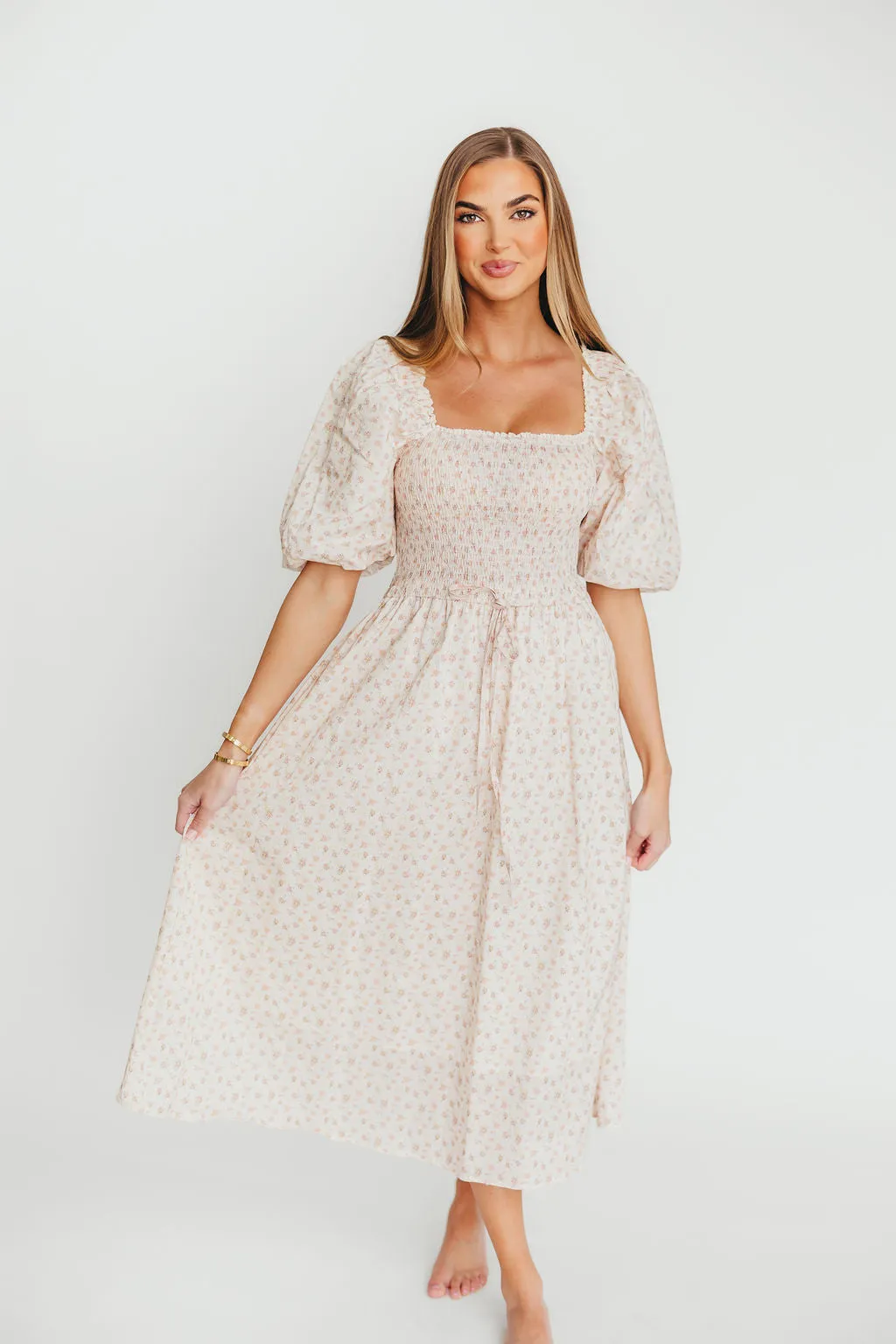Maeve 100% Cotton Puff Sleeve Midi Dress in Dainty Pink Floral sold by Worth Collective