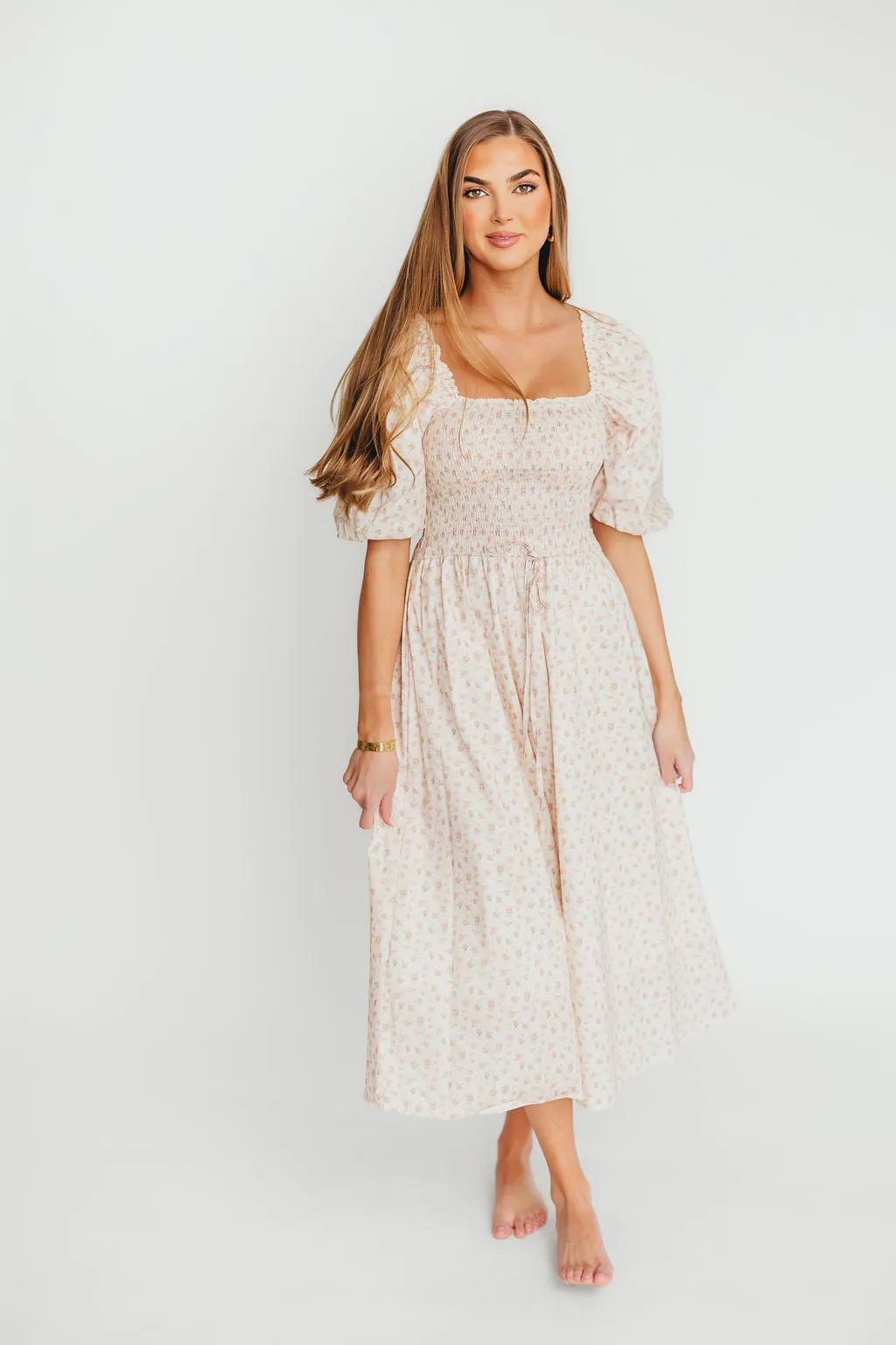 Maeve 100% Cotton Puff Sleeve Midi Dress in Dainty Pink Floral sold by Worth Collective product image thumbnail 5