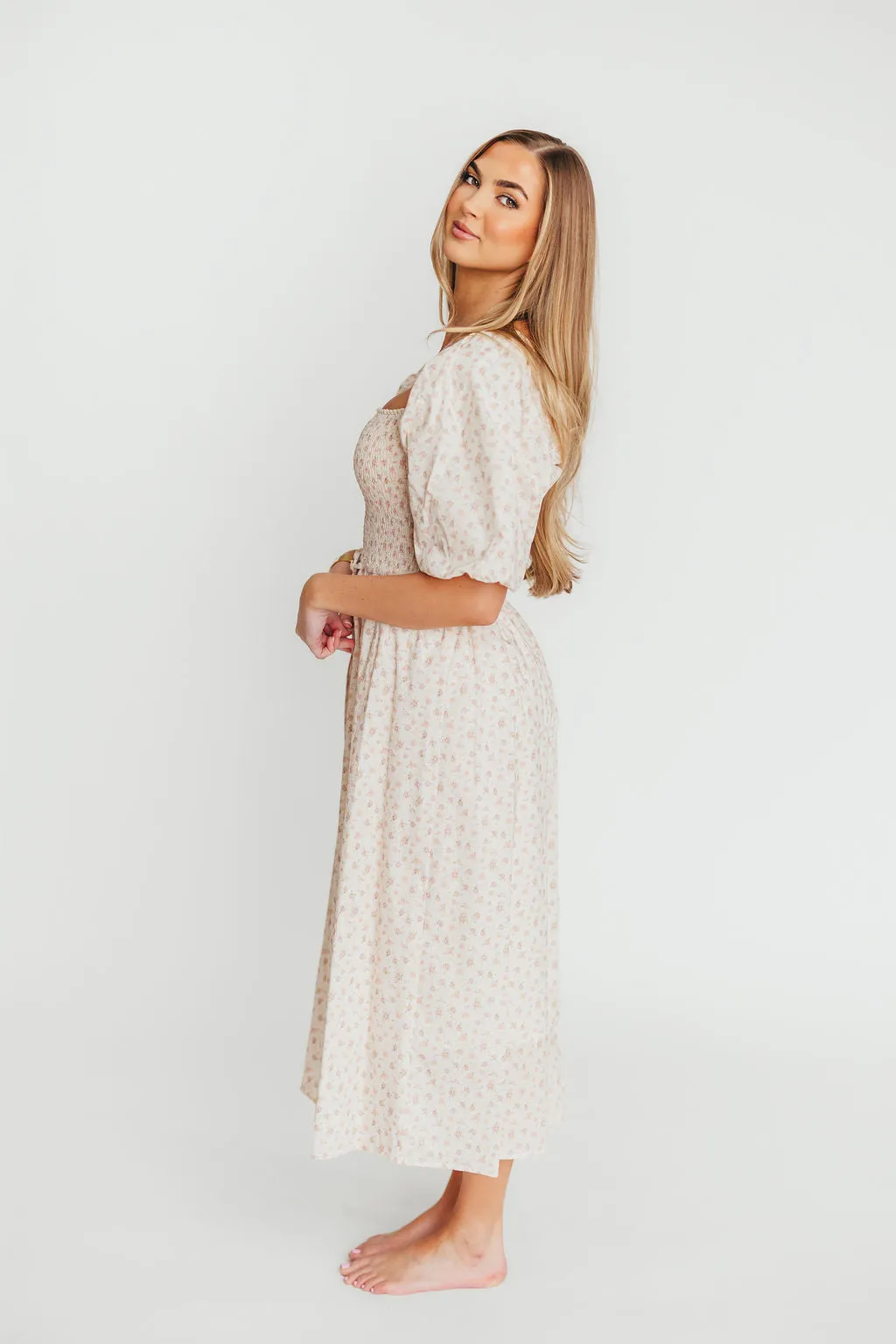 Maeve 100% Cotton Puff Sleeve Midi Dress in Dainty Pink Floral sold by Worth Collective product image thumbnail 3
