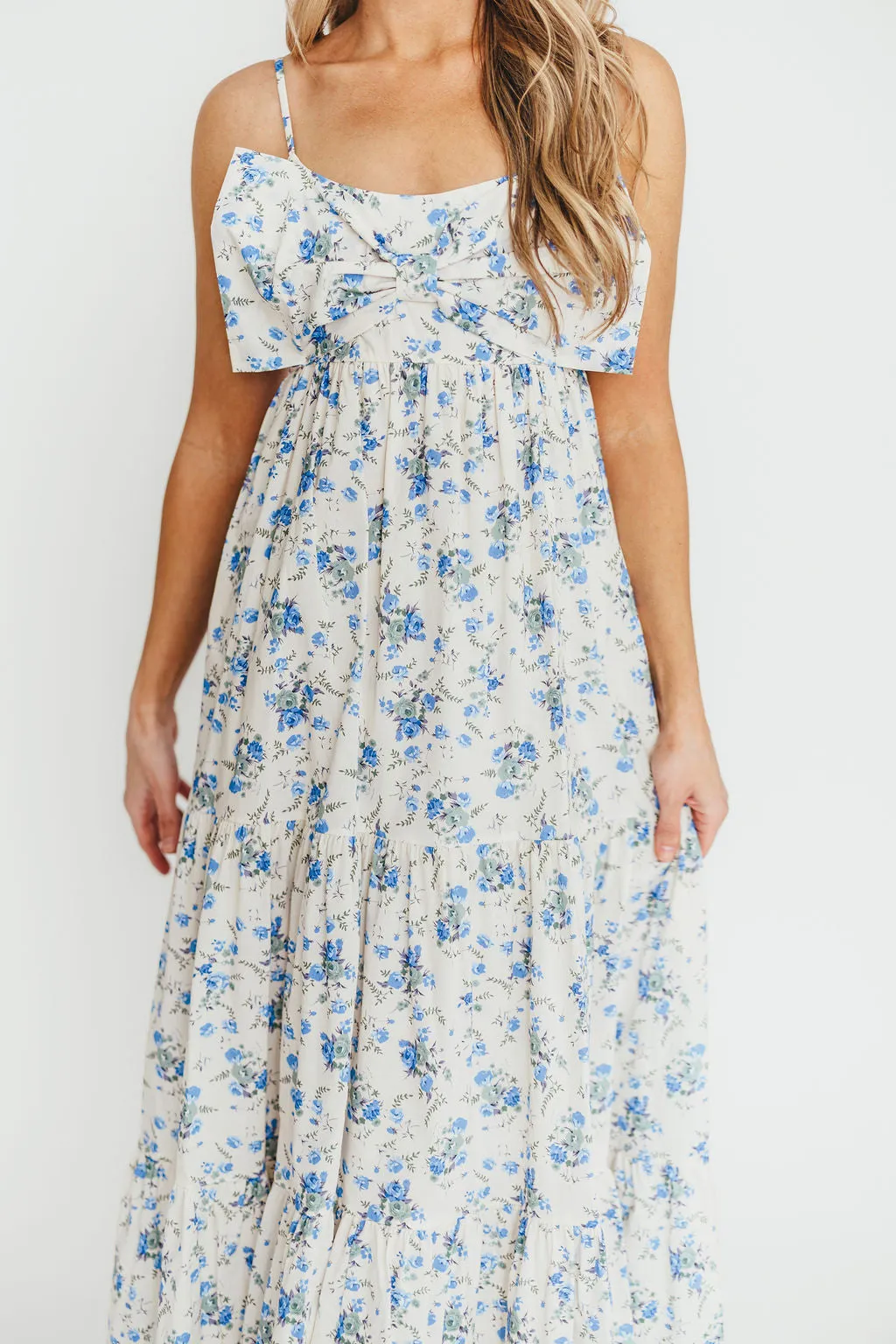 Cecile 100% Cotton Bow Front Maxi Dress in Cream/Blue Floral sold by Worth Collective product image thumbnail 2