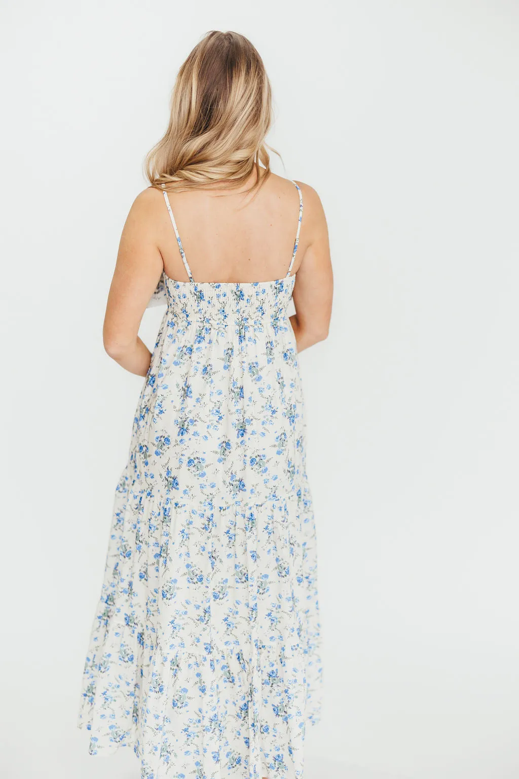Cecile 100% Cotton Bow Front Maxi Dress in Cream/Blue Floral sold by Worth Collective product image thumbnail 4