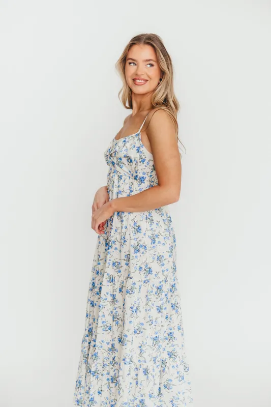 Cecile 100% Cotton Bow Front Maxi Dress in Cream/Blue Floral sold by Worth Collective