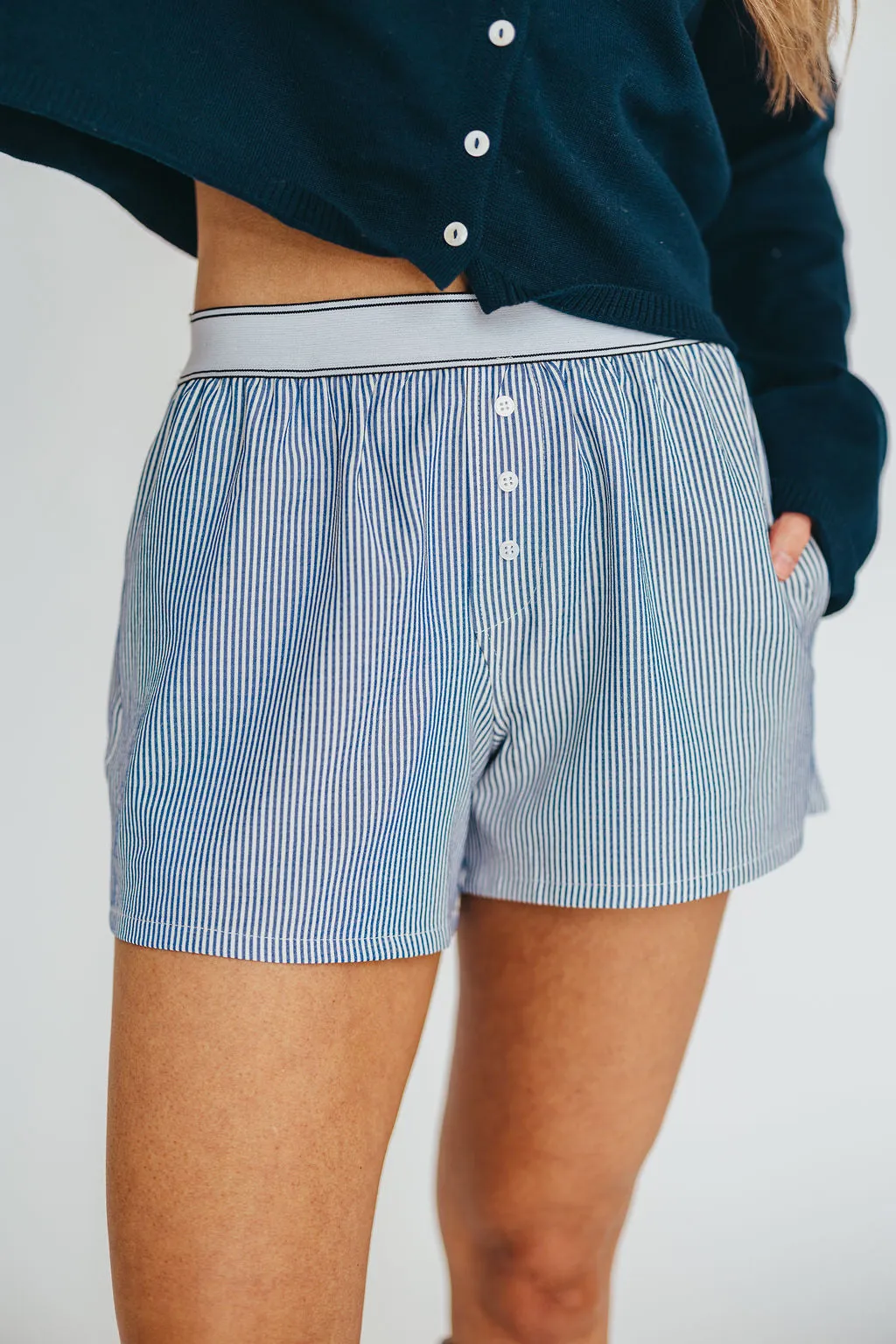 Kya Striped Boxer Short in Ivory/Blue sold by Worth Collective