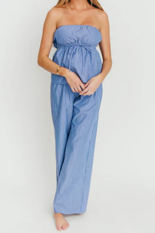 Shelly 100% Cotton Tube Top and Pants Set in Blue Stripe sold by Worth Collective