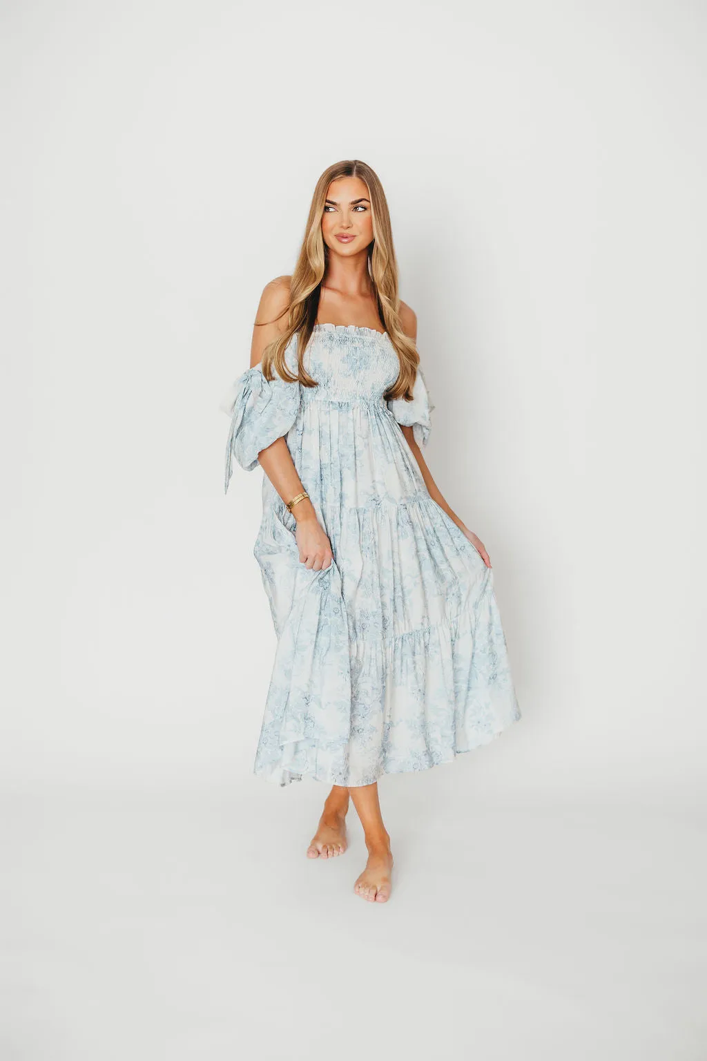 Elena Floral Print Smocked Midi Dress in Blue - Bump Friendly & Inclusive Sizing sold by Worth Collective product image thumbnail 4