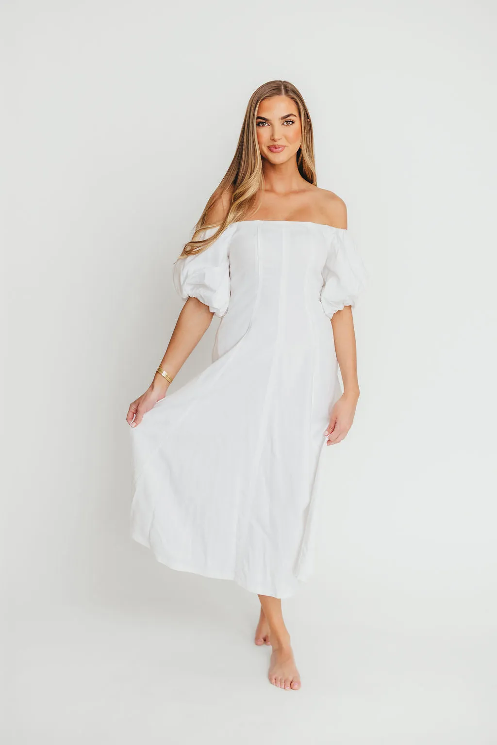 Serenity Off-The-Shoulder Midi Dress in Ivory sold by Worth Collective