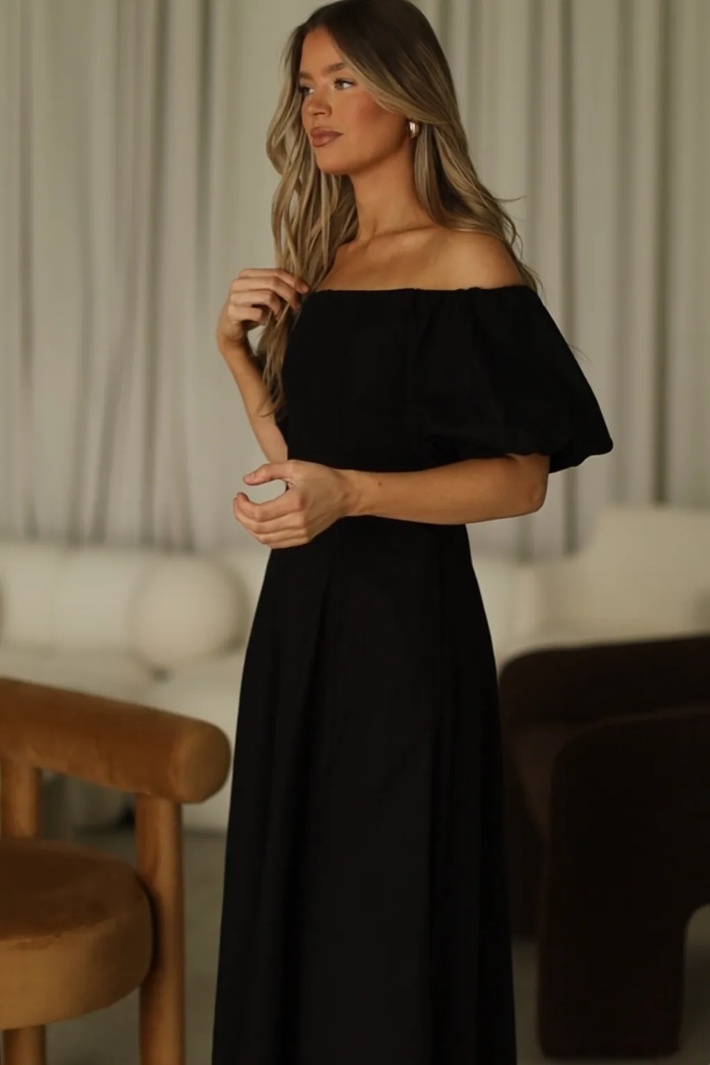 Serenity Off-The-Shoulder Midi Dress in Black sold by Worth Collective product image thumbnail 5