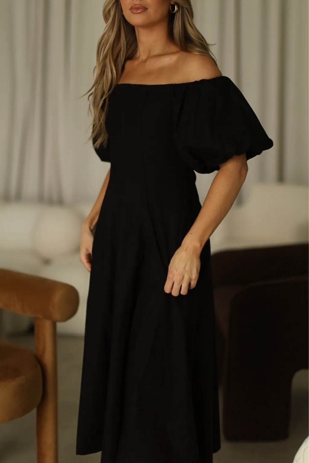 Serenity Off-The-Shoulder Midi Dress in Black sold by Worth Collective product image thumbnail 2
