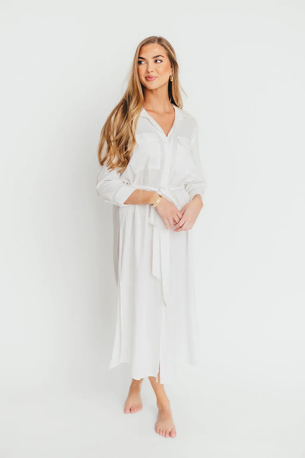 Rhea Belted Maxi Shirt Dress in White - Nursing Friendly *Final-Sale* sold by Worth Collective
