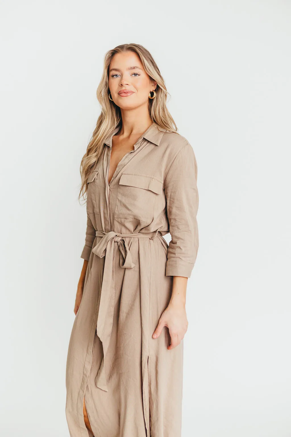 Rhea Belted Maxi Shirt Dress in Stone sold by Worth Collective product image thumbnail 3