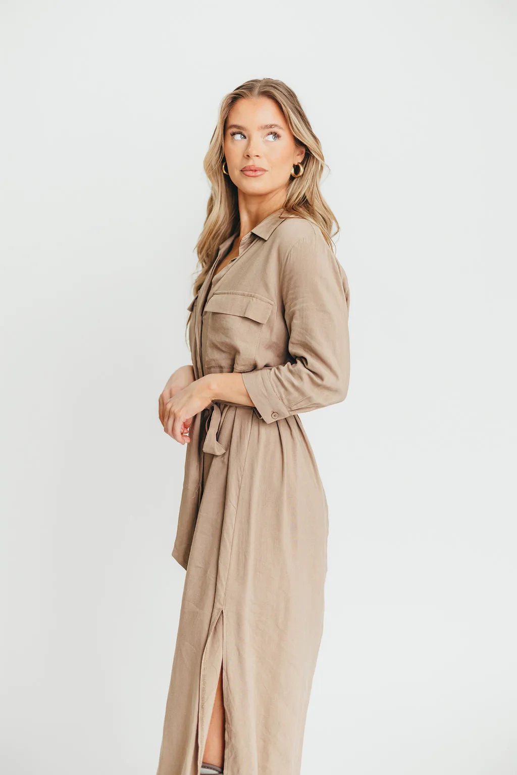 Rhea Belted Maxi Shirt Dress in Stone sold by Worth Collective