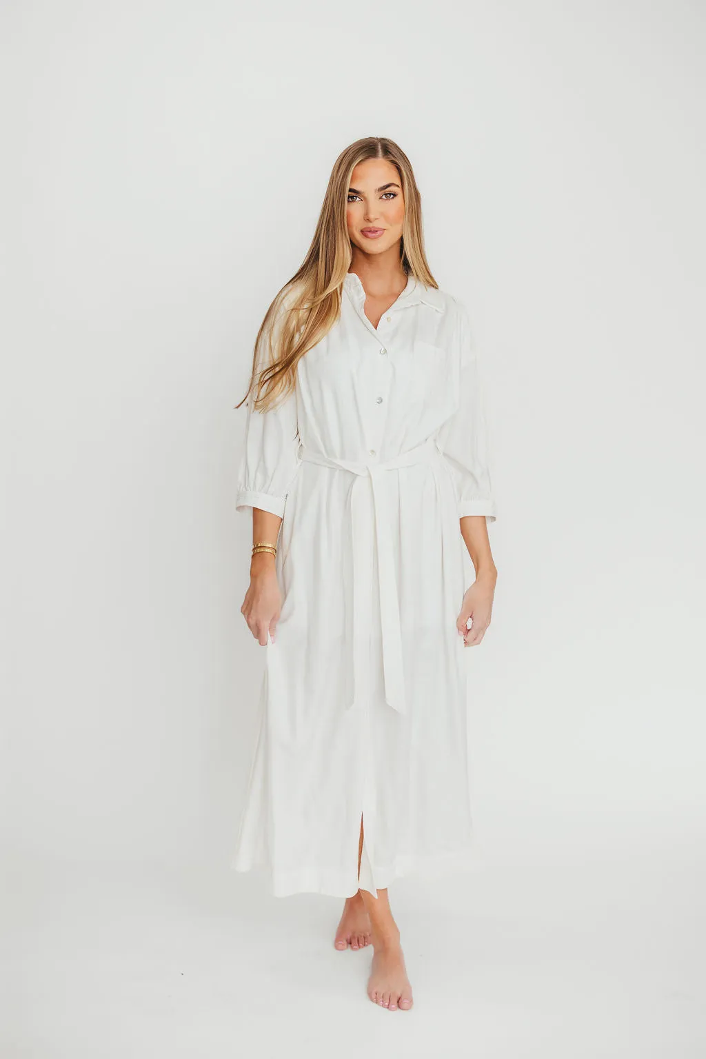 Evelyn Midi Shirt Dress in Off-White - Nursing Friendly sold by Worth Collective