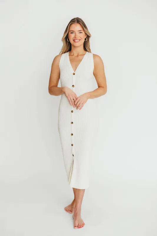 Lelani Button Down Ribbed Knit Midi Dress in White - Nursing Friendly sold by Worth Collective