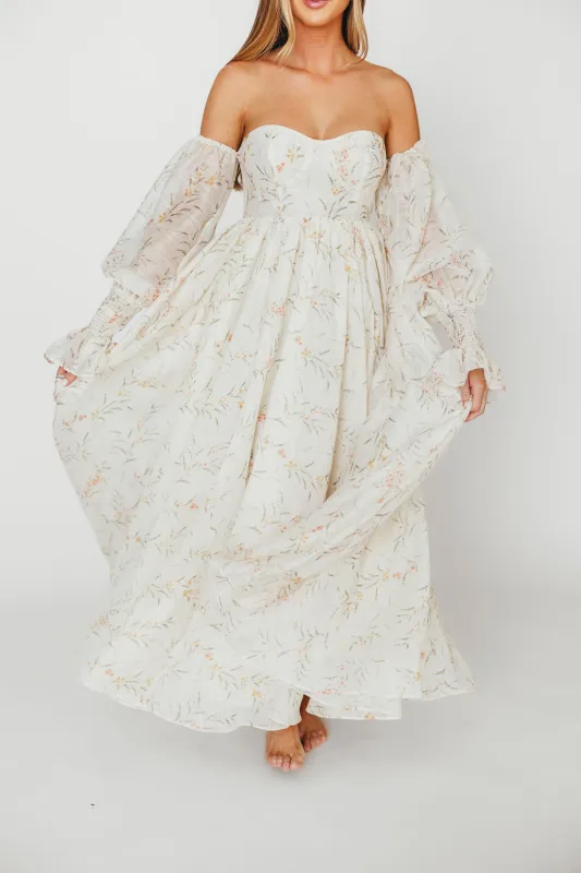 Delilah Maxi Dress With Train in Cream Floral - Bump Friendly sold by Worth Collective