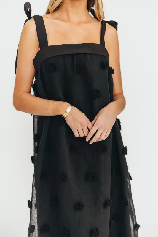 Catalina Blossom Embroidery Tie Strap Midi Dress in Black sold by Worth Collective