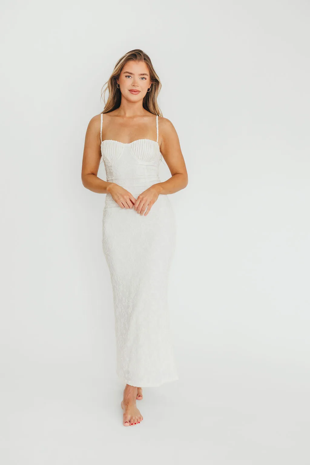 Amira Ruched Bustier Lace Up Back Maxi Dress in Ivory sold by Worth Collective