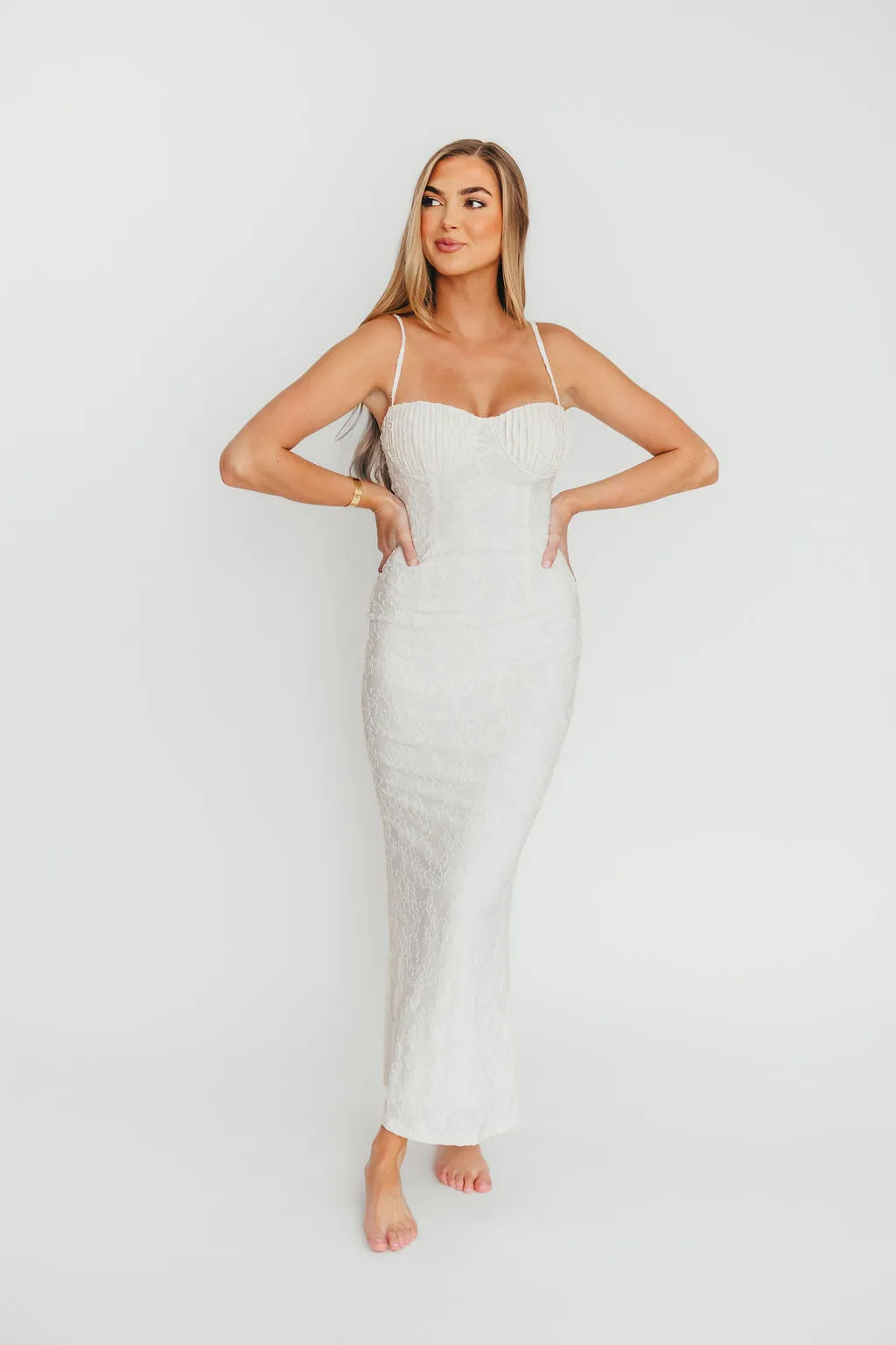 Amira Ruched Bustier Lace Up Back Maxi Dress in Ivory sold by Worth Collective product image thumbnail 4