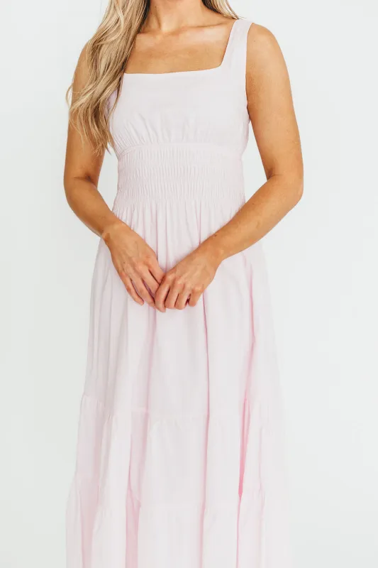 Victoria 100% Cotton Smocked Waist Midi Dress in Light Pink sold by Worth Collective