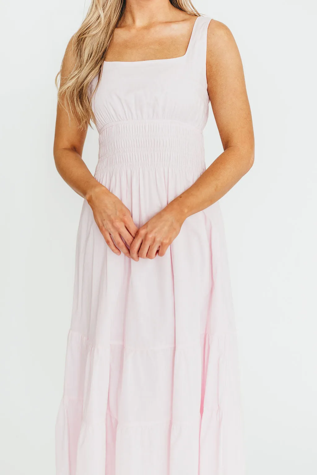 Victoria 100% Cotton Smocked Waist Midi Dress in Light Pink sold by Worth Collective