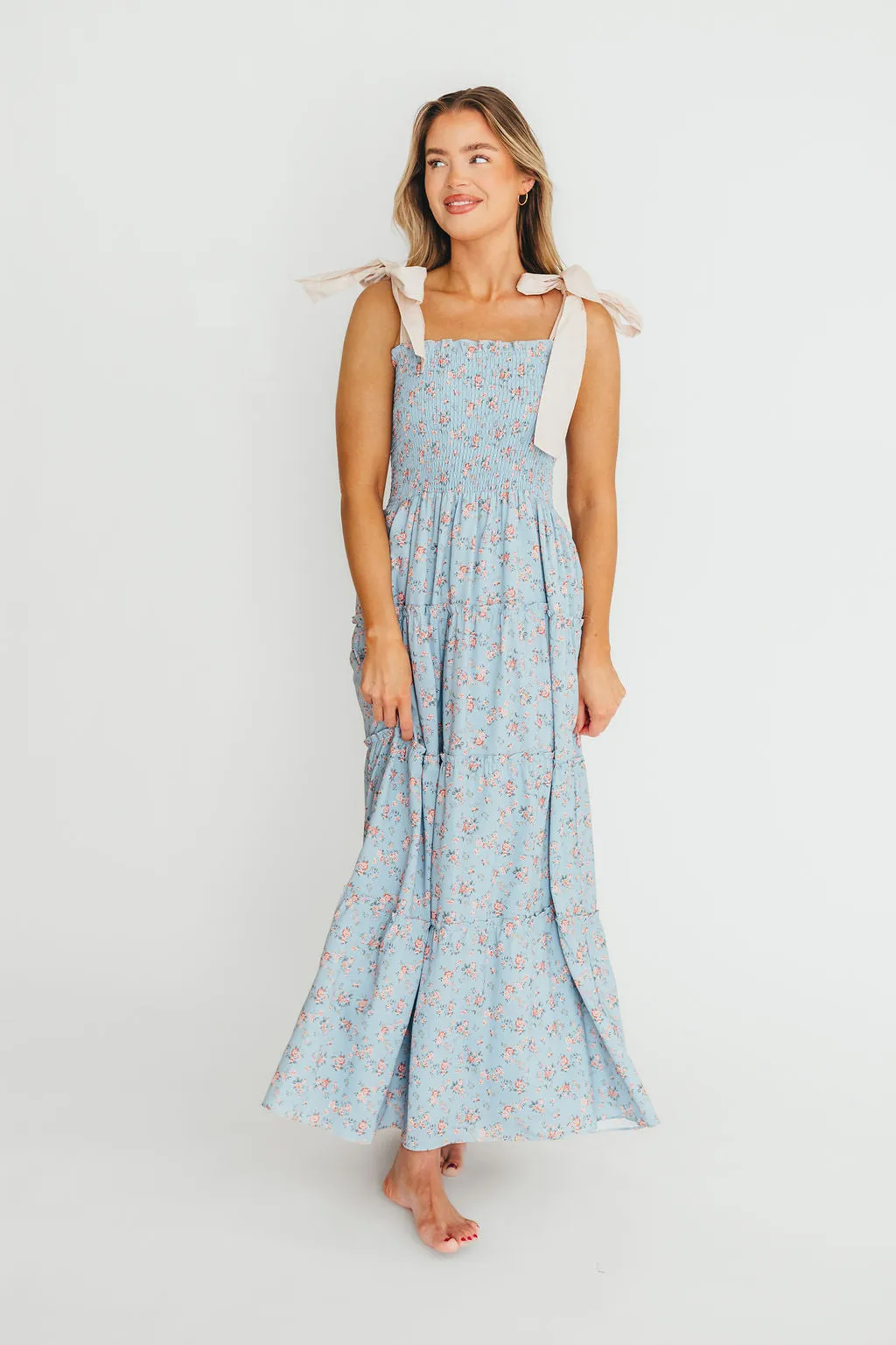 Cora Smocked Bow Tie Strap Maxi Dress in Blue sold by Worth Collective product image thumbnail 3