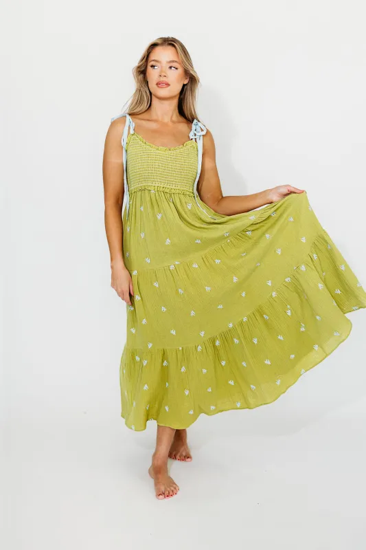 Kiana 100% Cotton Smocked Embroidered Gauze Maxi in Moss sold by Worth Collective