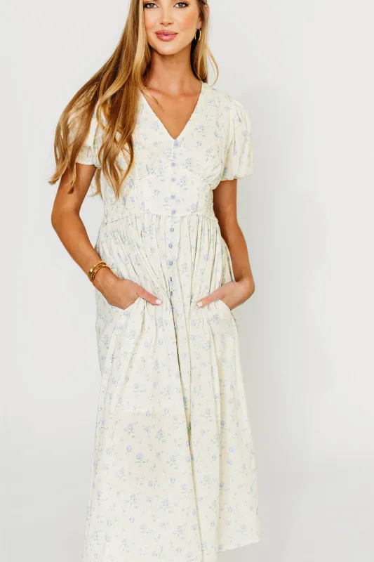 Kylee 100% Cotton Floral Maxi Dress in French Blue sold by Worth Collective