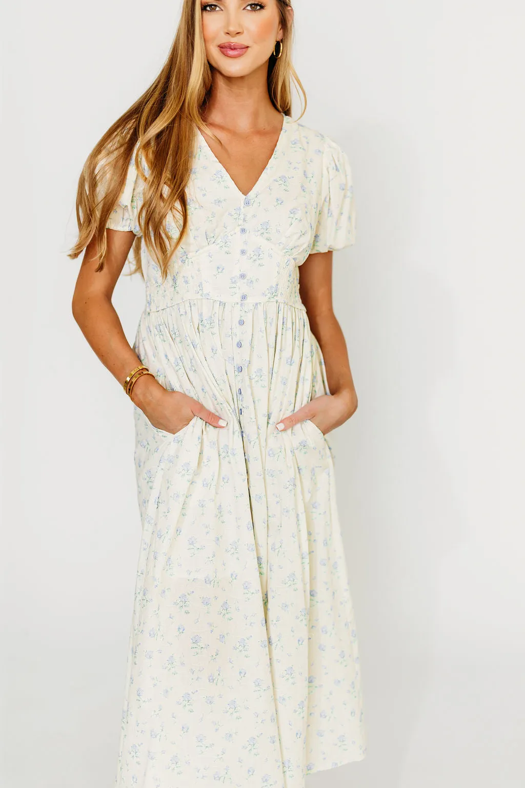 Kylee 100% Cotton Floral Maxi Dress in French Blue sold by Worth Collective
