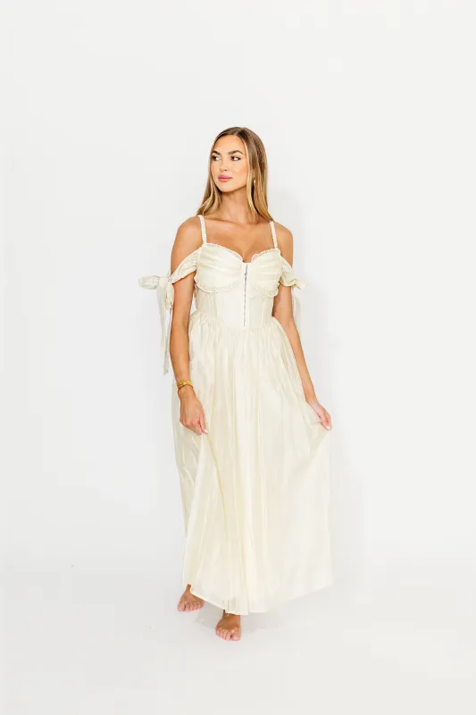 Paulina Sleeveless Sweetheart Midi Dress in Ecru sold by Worth Collective