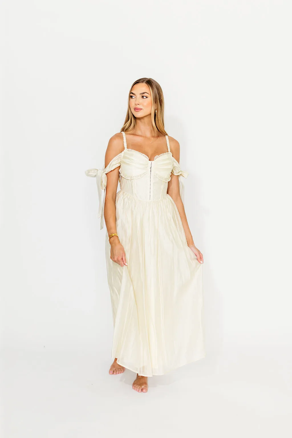 Paulina Sleeveless Sweetheart Midi Dress in Ecru sold by Worth Collective