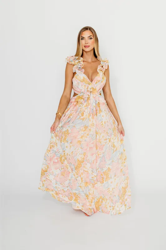 Rapunzel Floral Ruffle Sleeve Open Back Maxi Dress in Pink sold by Worth Collective