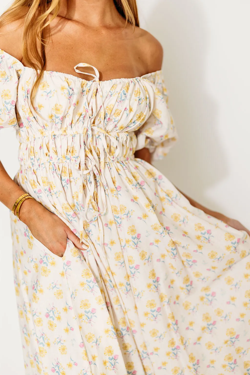 Kimber Midi Dress with Drawstring Detail in Yellow Floral sold by Worth Collective product image thumbnail 5