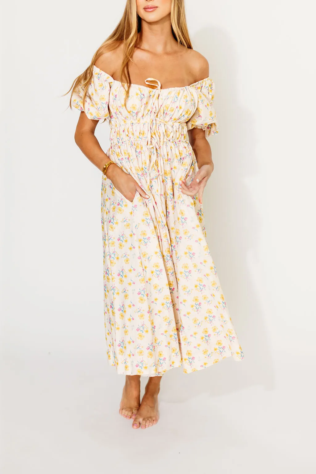 Kimber Midi Dress with Drawstring Detail in Yellow Floral sold by Worth Collective product image thumbnail 2