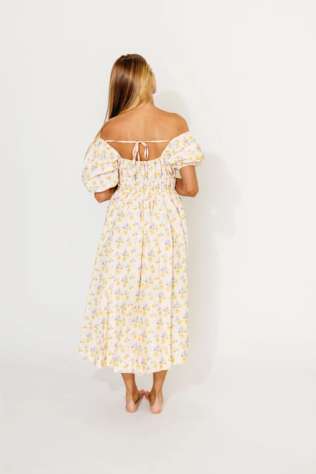 Kimber Midi Dress with Drawstring Detail in Yellow Floral sold by Worth Collective product image thumbnail 4