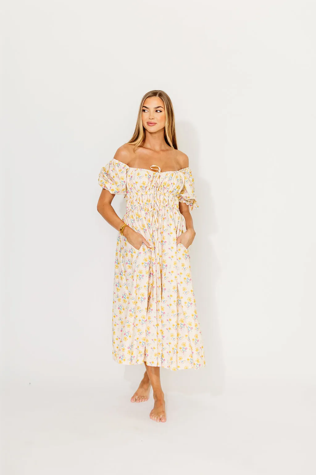 Kimber Midi Dress with Drawstring Detail in Yellow Floral sold by Worth Collective product image thumbnail 3