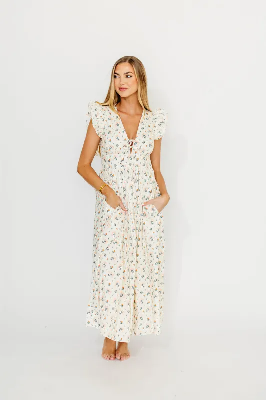 Nicole 100% Cotton Tie Front Ruffle Maxi Dress in Cream Multi Floral sold by Worth Collective