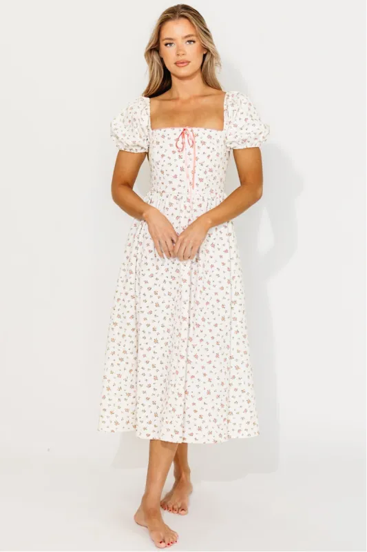 Charlotte Cotton Puff Sleeve Midi Dress in Cream/Pink Floral sold by Worth Collective
