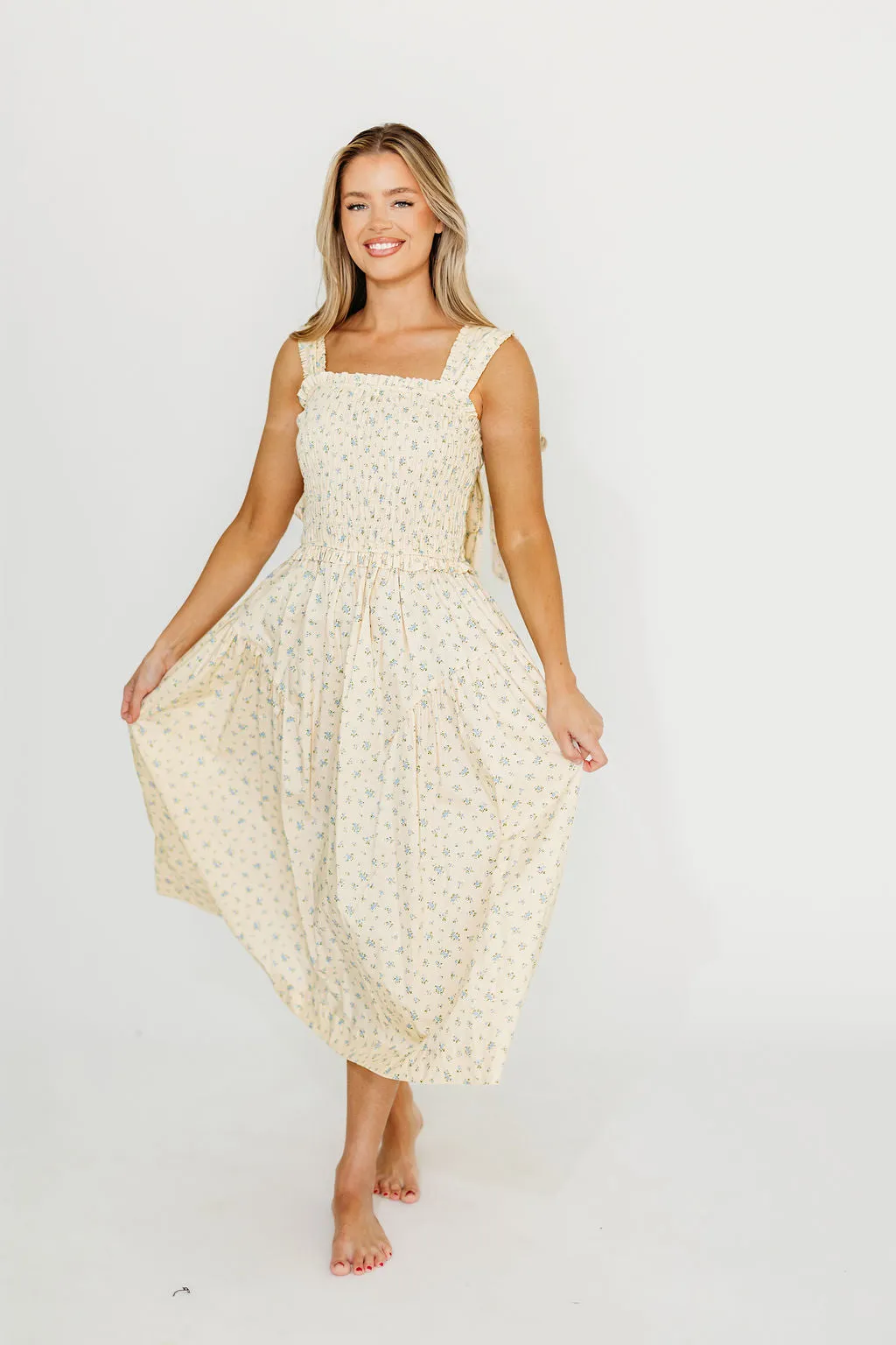 Ava 100% Cotton Smocked Midi Dress In Cream/Blue Floral *Final-Sale* sold by Worth Collective product image thumbnail 2