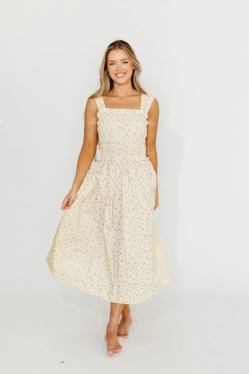 Ava 100% Cotton Smocked Midi Dress In Cream/Blue Floral *Final-Sale* sold by Worth Collective
