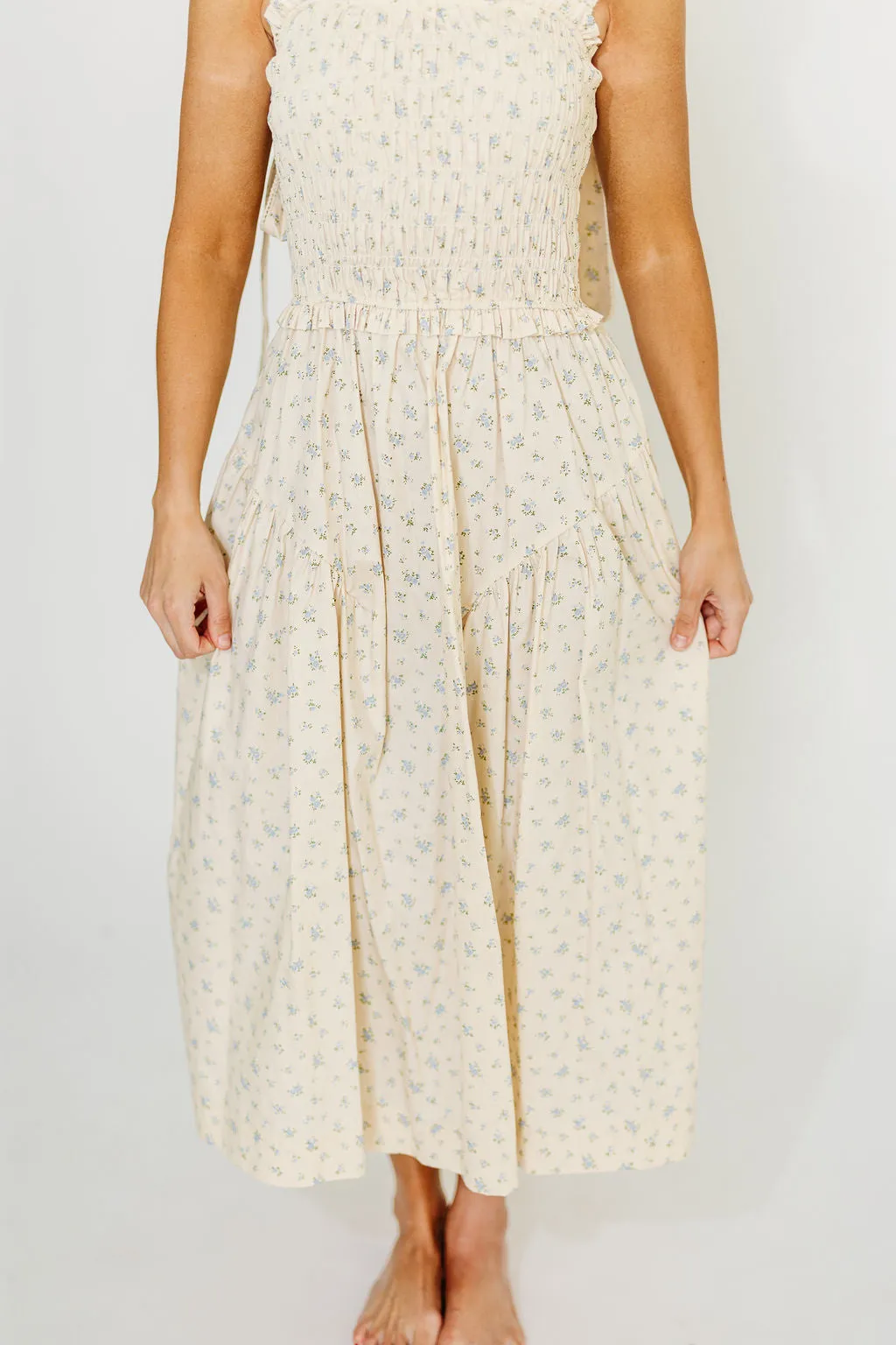 Ava 100% Cotton Smocked Midi Dress In Cream/Blue Floral *Final-Sale* sold by Worth Collective product image thumbnail 3