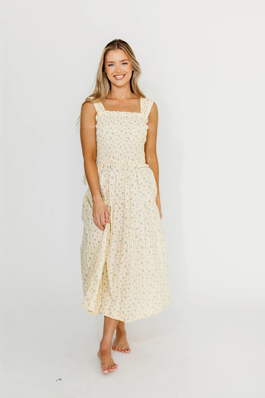 Ava 100% Cotton Smocked Midi Dress In Cream/Blue Floral *Final-Sale* sold by Worth Collective product image thumbnail 4