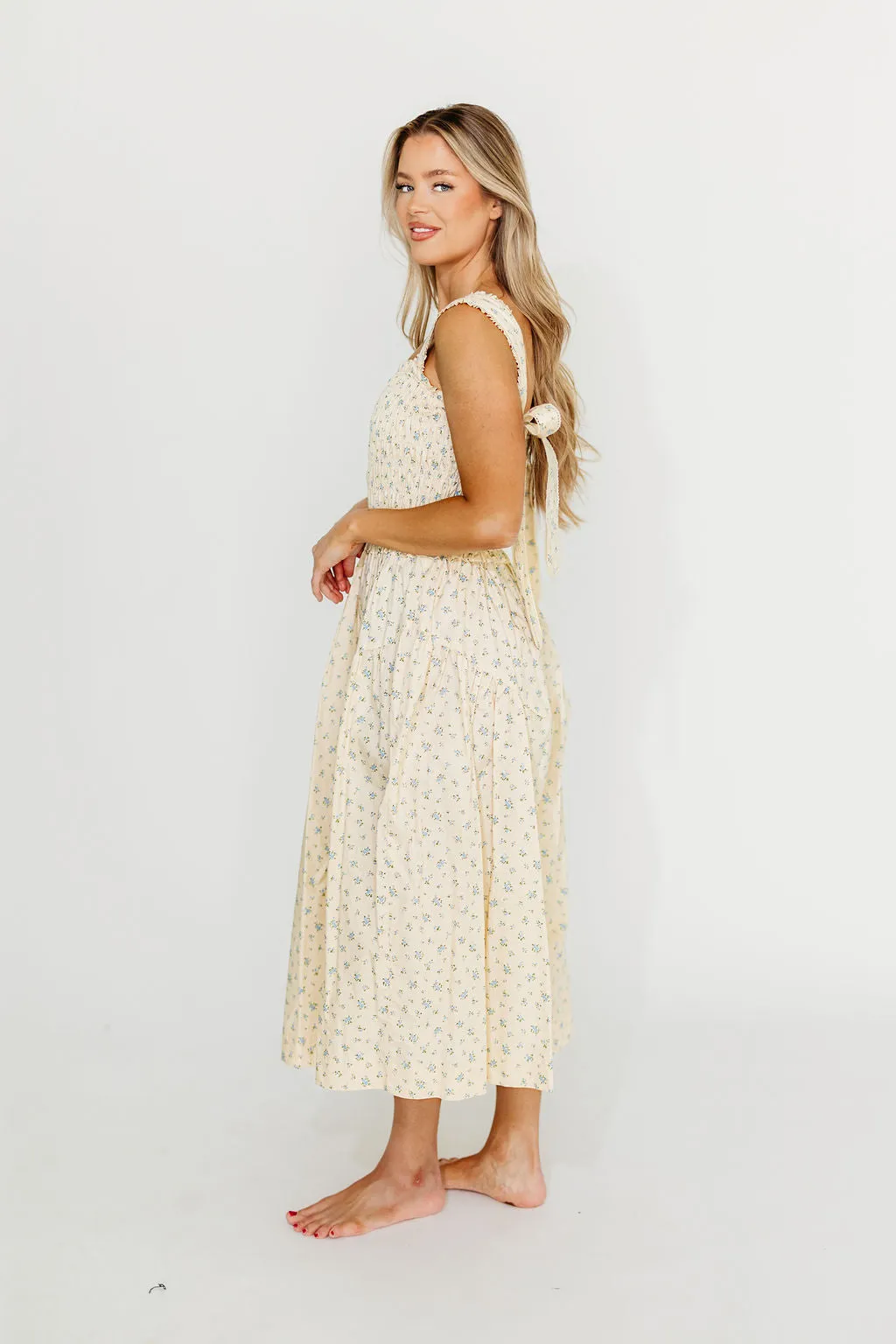 Ava 100% Cotton Smocked Midi Dress In Cream/Blue Floral *Final-Sale* sold by Worth Collective product image thumbnail 5
