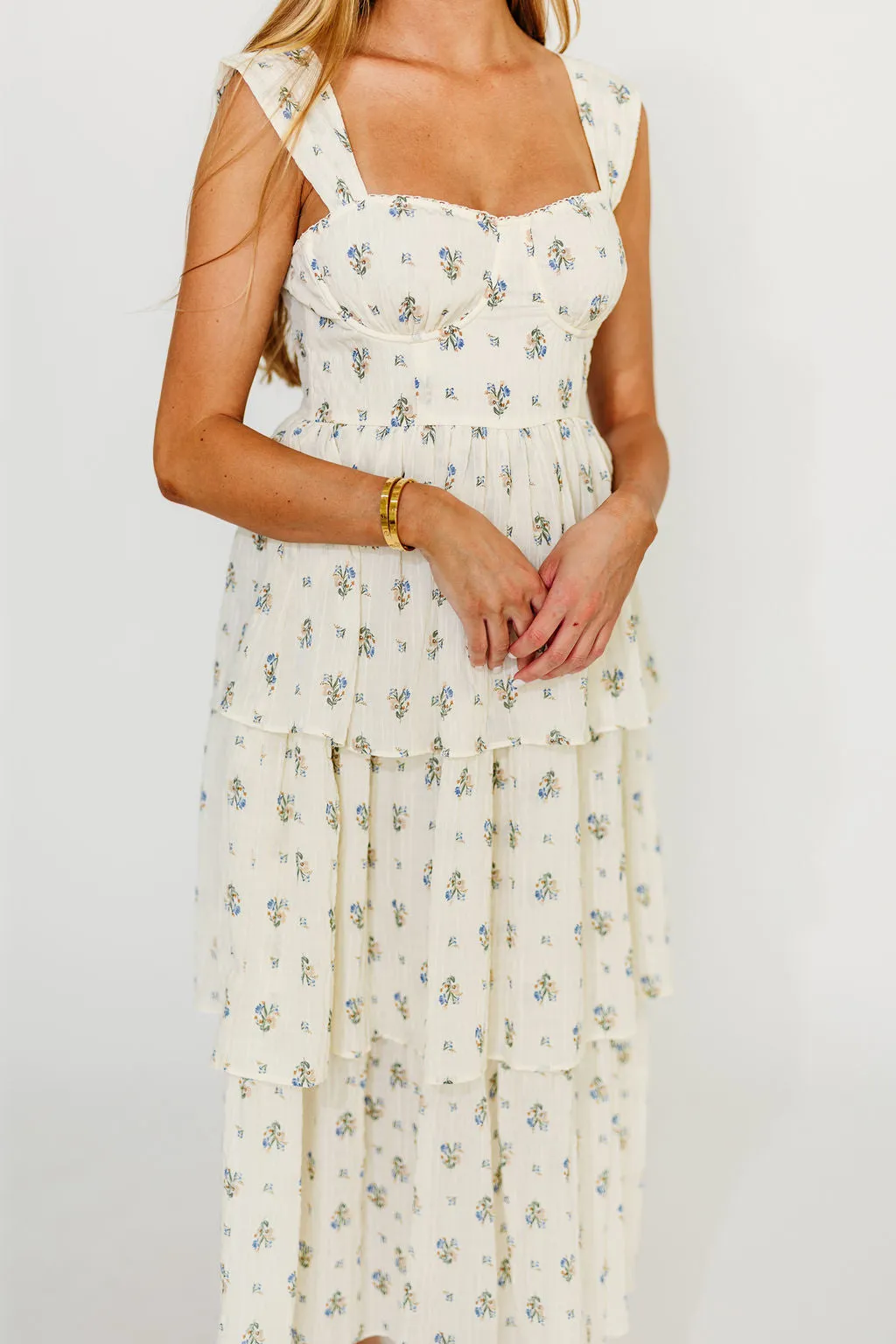 Marjorie Bustier Ruffle Layered Maxi Dress in Cream/Blue Floral sold by Worth Collective product image thumbnail 3