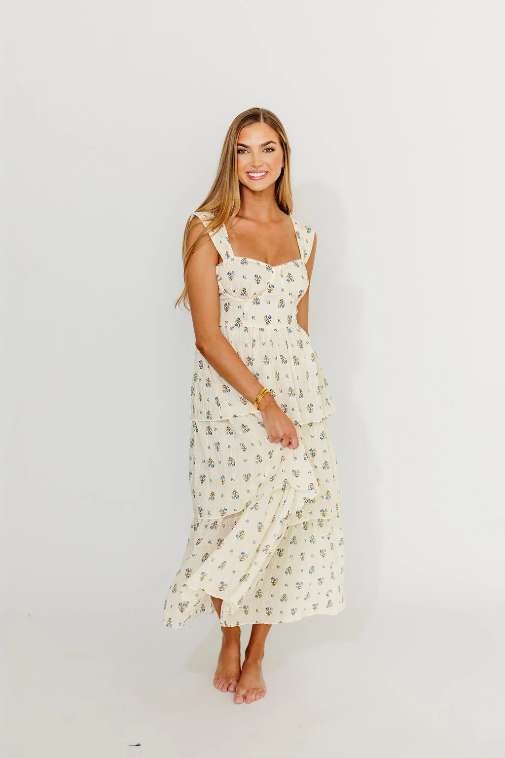 Marjorie Bustier Ruffle Layered Maxi Dress in Cream/Blue Floral sold by Worth Collective product image thumbnail 2