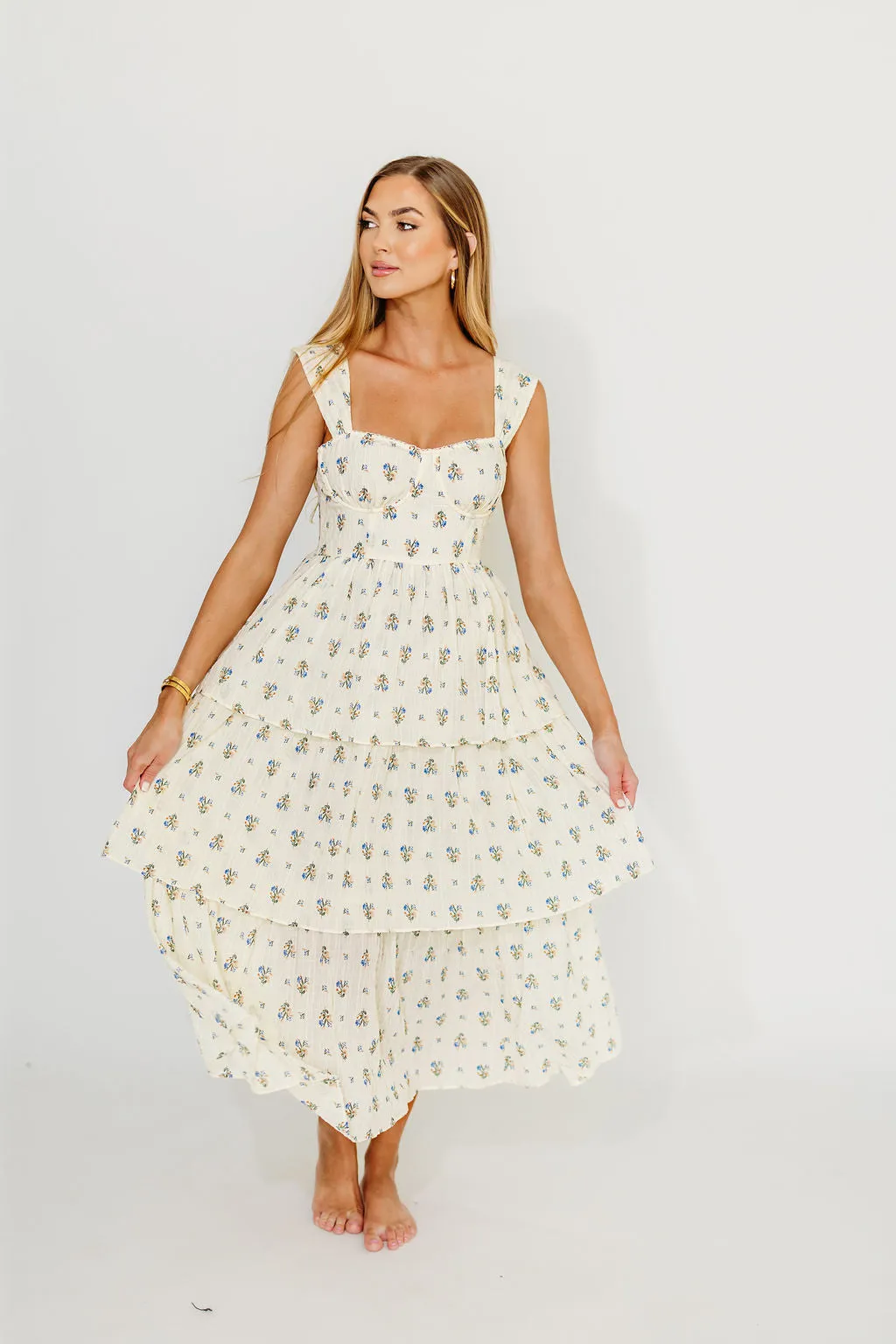 Marjorie Bustier Ruffle Layered Maxi Dress in Cream/Blue Floral sold by Worth Collective product image thumbnail 5