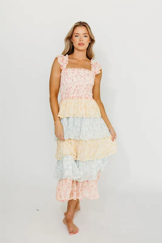 Myla Ruffle Tiered Midi Dress in Pink Multi sold by Worth Collective