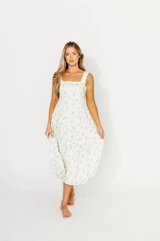 Diana Button-Down Midi Dress in White/Blue Floral - Nursing Friendly sold by Worth Collective