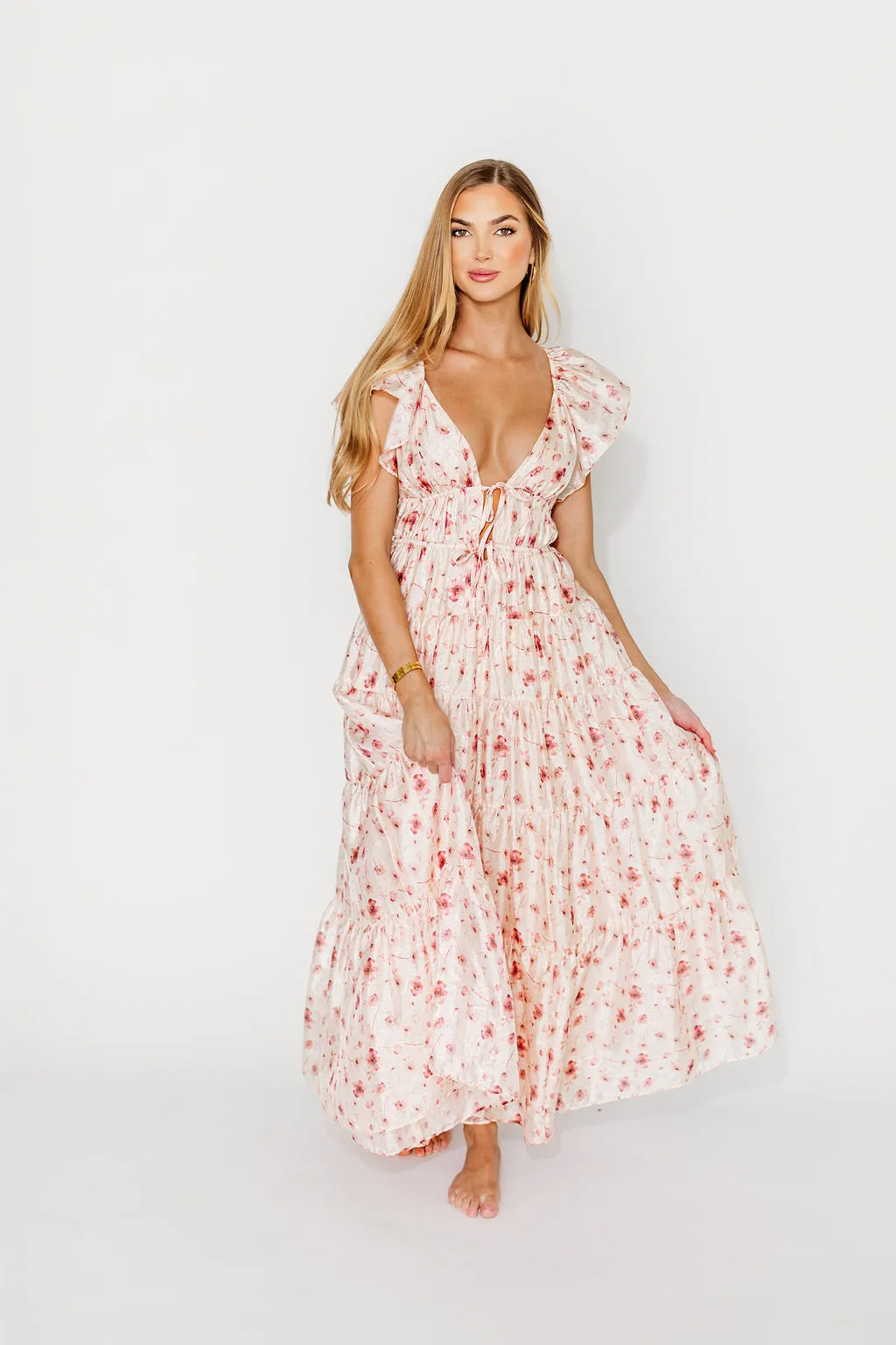 Enchanted Floral & Gingham Ruffled Maxi Dress in Pink Rose sold by Worth Collective