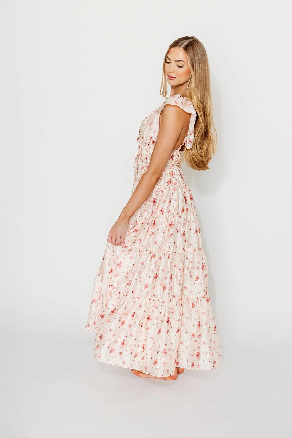 Enchanted Floral & Gingham Ruffled Maxi Dress in Pink Rose sold by Worth Collective product image thumbnail 4