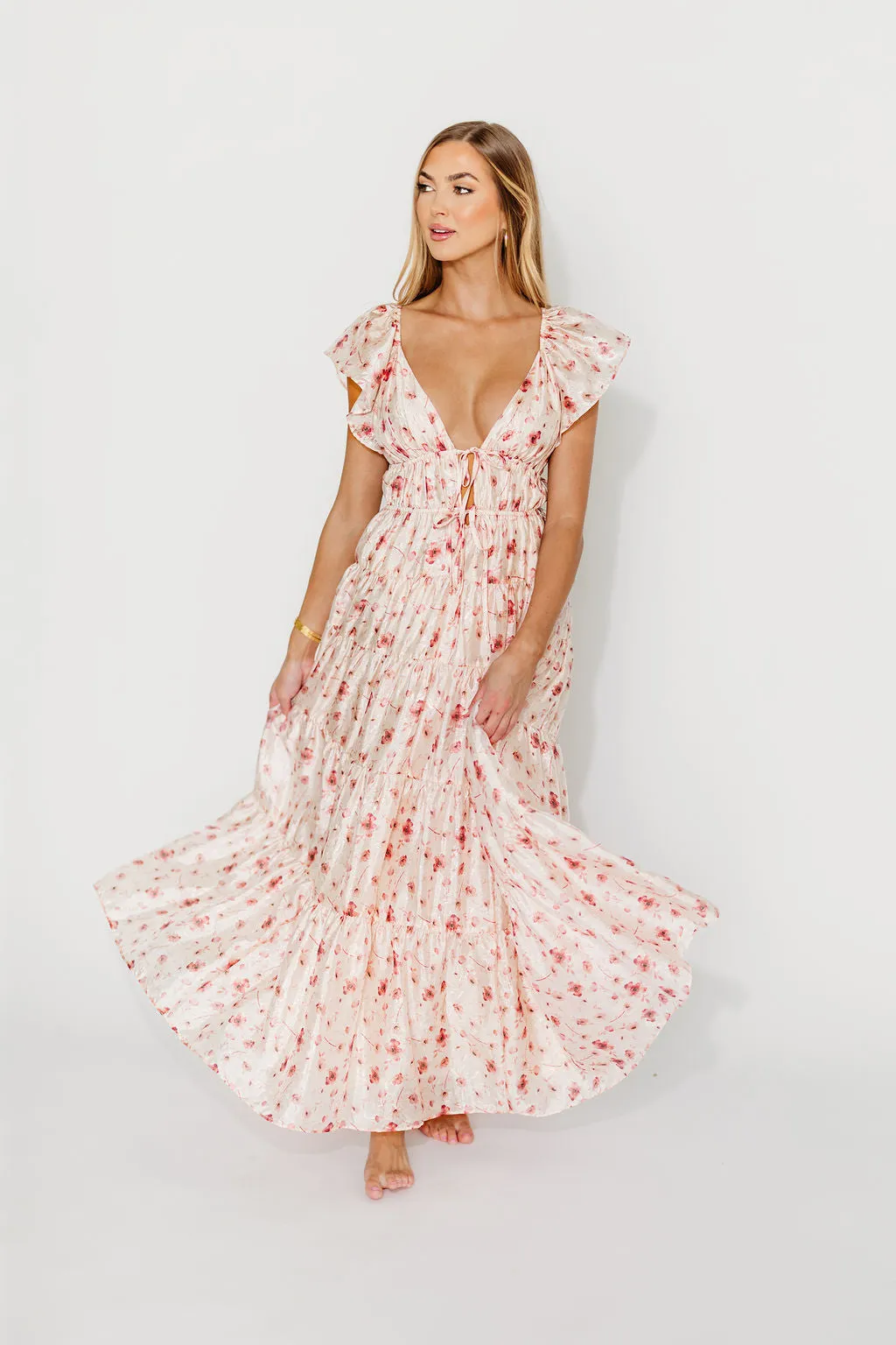 Enchanted Floral & Gingham Ruffled Maxi Dress in Pink Rose sold by Worth Collective product image thumbnail 2